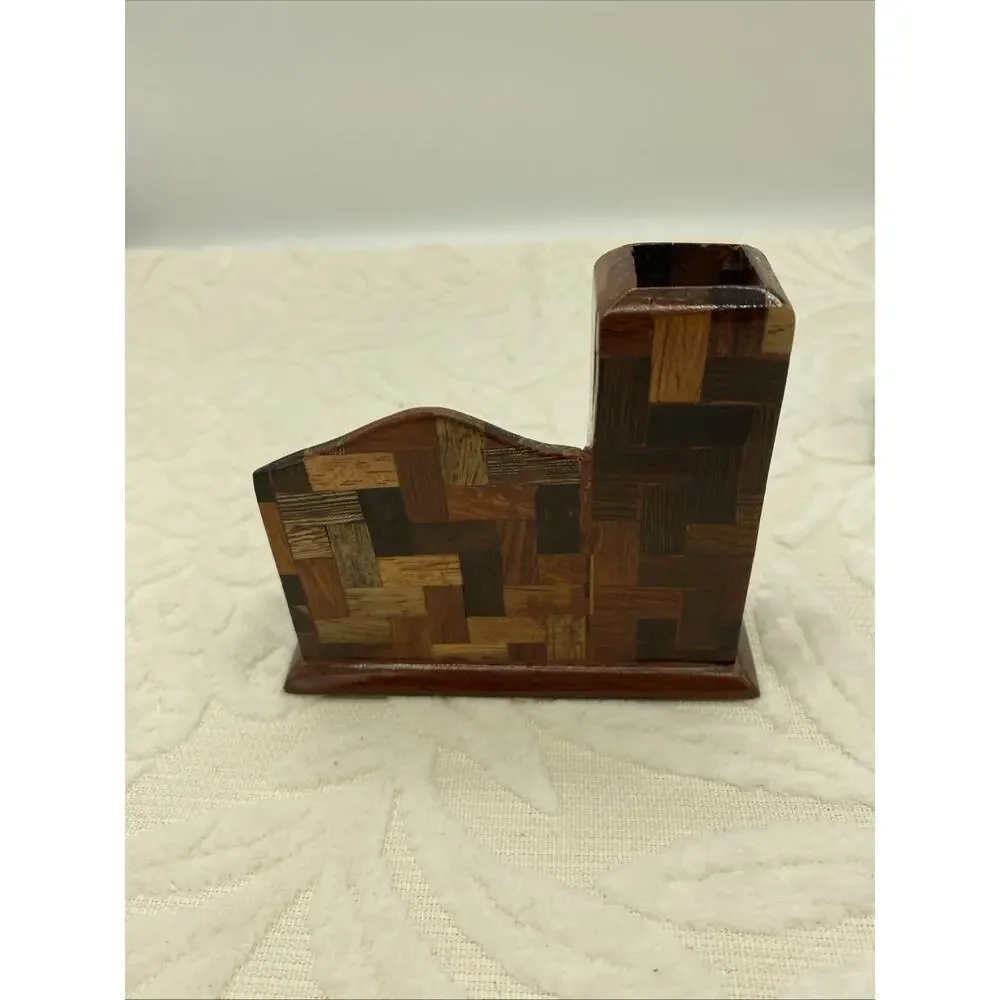Handmade Laquered Wood Business Card & Pencil Holder With Inlaid Shell Design